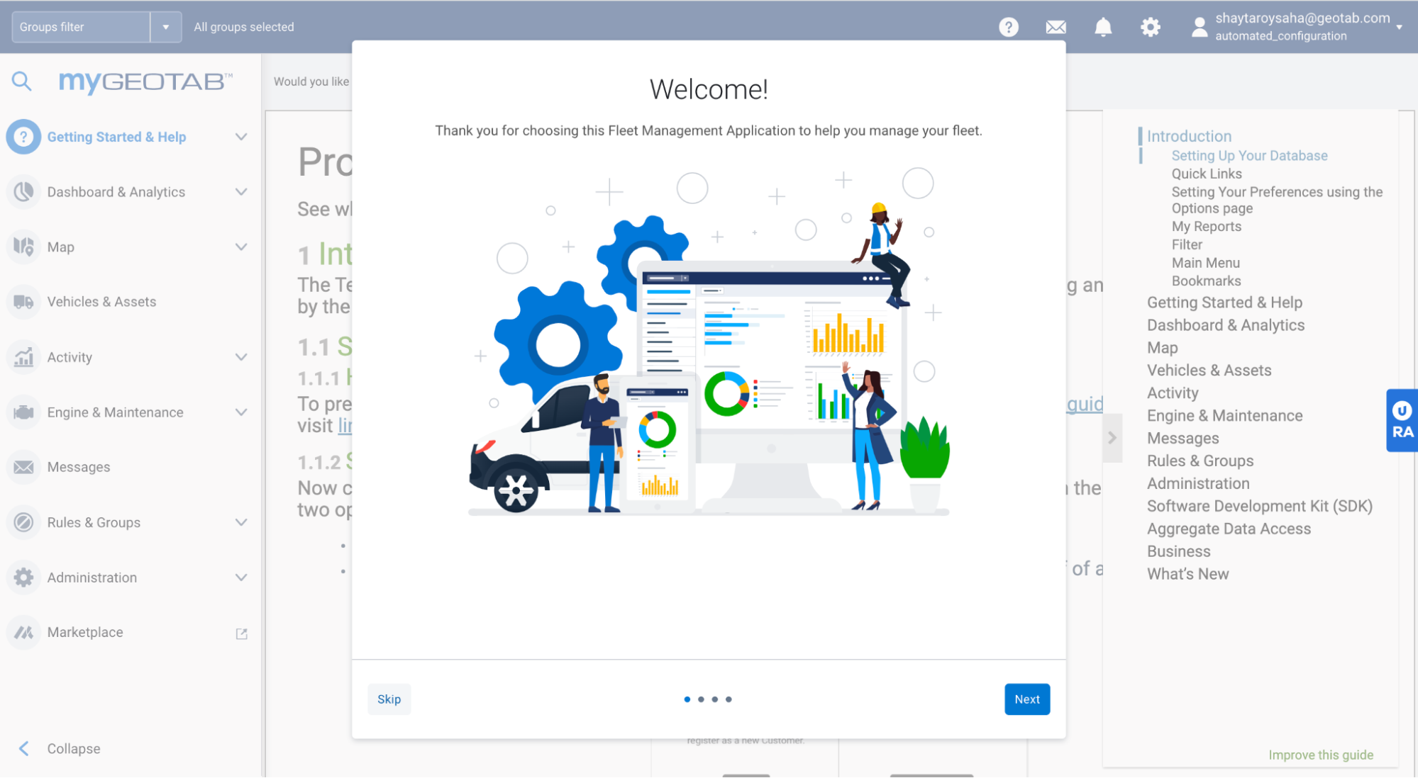 intelligent onboarding process welcome screen in MyGeotab